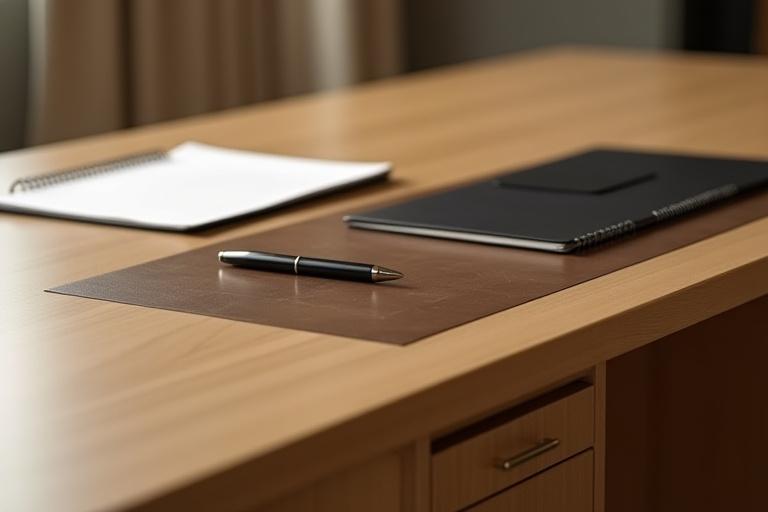 Bureau de direction en érable avec un sous-main en cuir intégré.