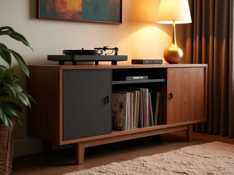 Meuble bas pour platine vinyle et collection de disques.
